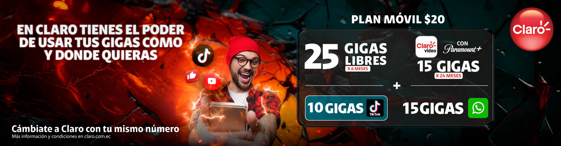 ¡Cámbiate a Claro con tu mismo número y disfruta de las promociones del Plan $20!